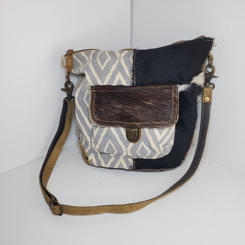 MYRA Bag Gray Tan Canvas Hair On Hide Leather Crossbody Western Bag